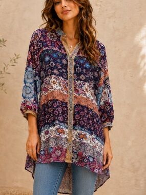 Boho Patchwork Print Tunic Top - Navy Multi
